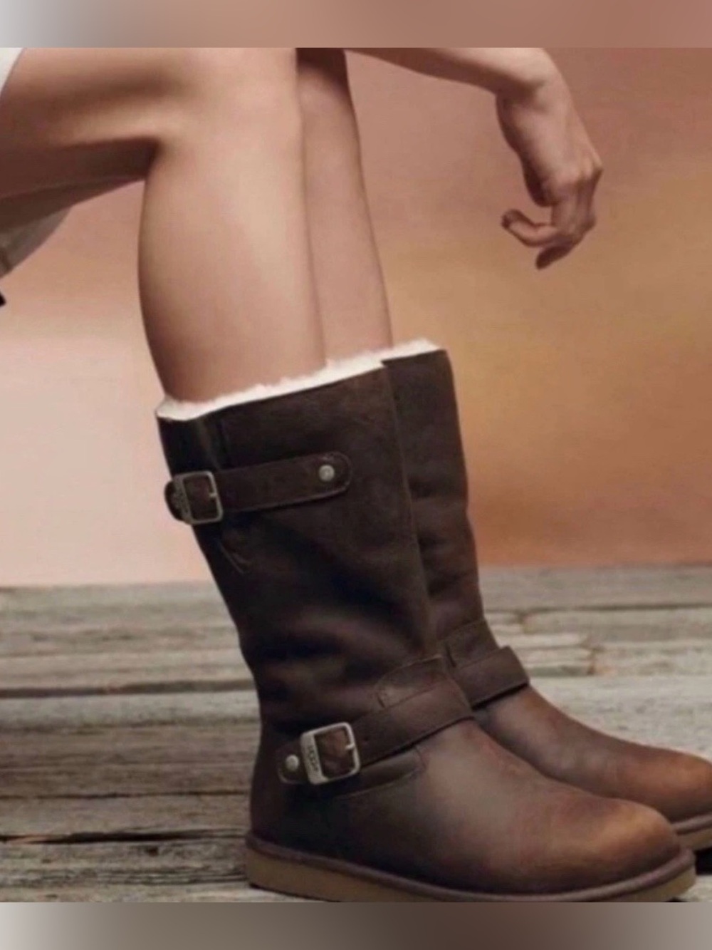 UGG 5678 Kensington Brown Leather Shearling Lined Buckle Moto Boots Women 8 Cozy